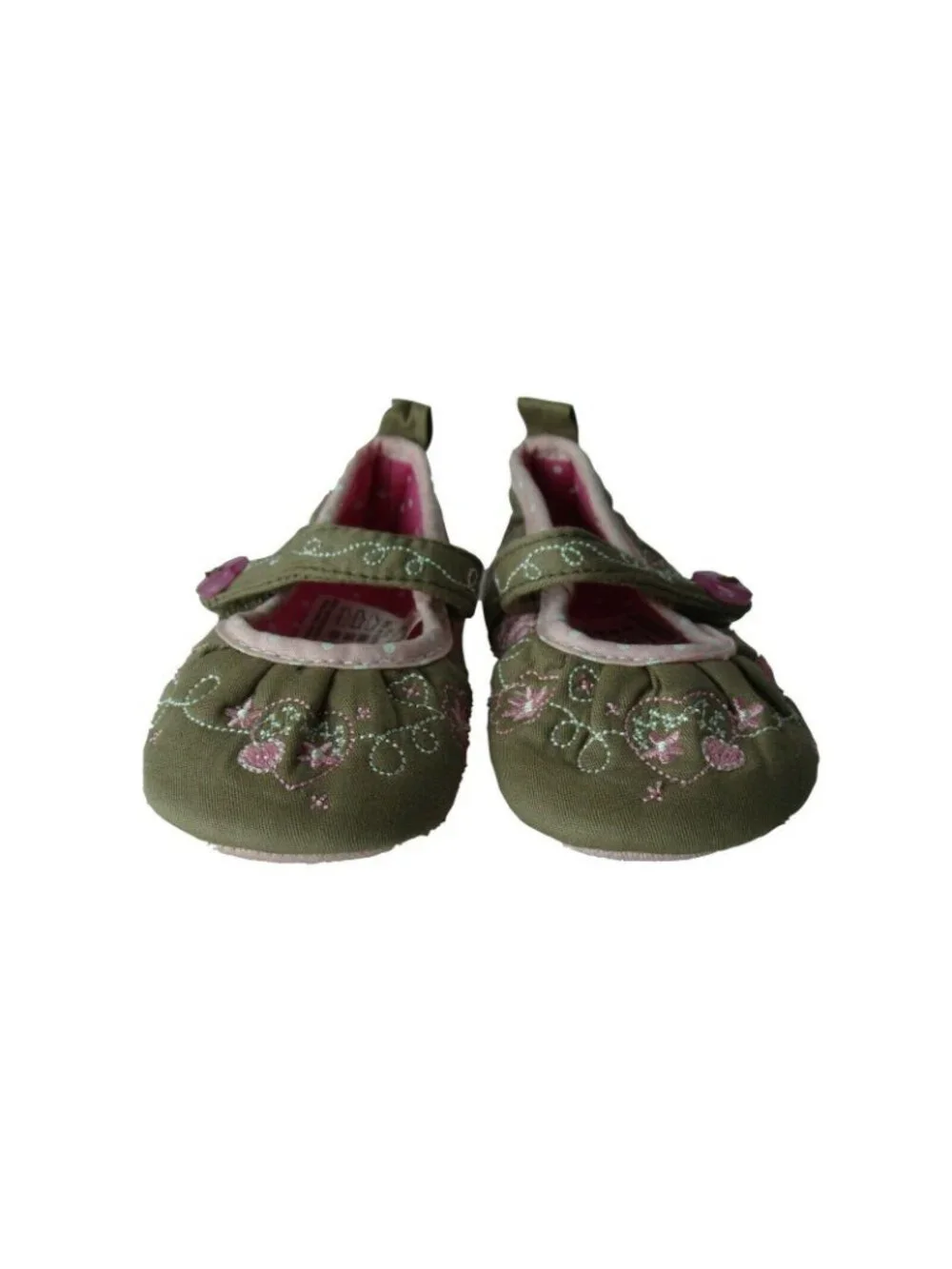 Infant Girls Mary Jane Shoes Size 1 Embroidered Pink & Green Floral Design With